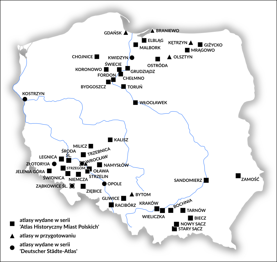 Atlasy historyczne miast polskich: ■ atlasy wydane w serii 'Atlas Historyczny Miast Polskich'; ▲ atlasy w przygotowaniu; ● atlasy wydane w serii 'Deutscher Städte-Atlas'.