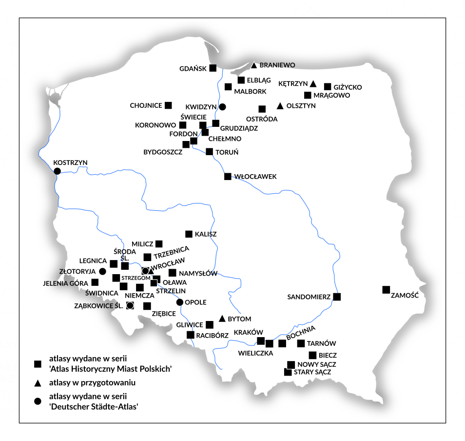 Atlasy historyczne miast polskich: ■ atlasy wydane w serii 'Atlas Historyczny Miast Polskich'; ▲ atlasy w przygotowaniu; ● atlasy wydane w serii 'Deutscher Städte-Atlas'.