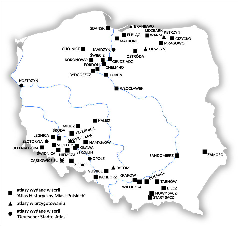 Atlasy historyczne miast polskich: ■ atlasy wydane w serii 'Atlas Historyczny Miast Polskich'; ▲ atlasy w przygotowaniu; ● atlasy wydane w serii 'Deutscher Städte-Atlas'.
