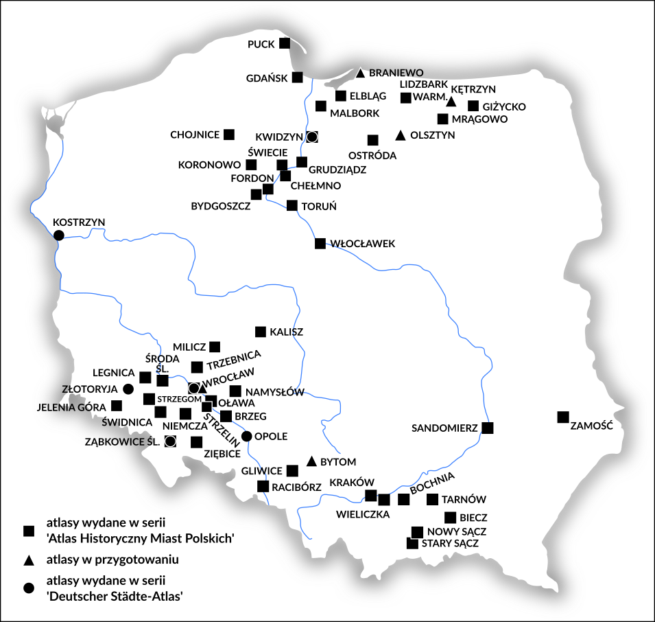 Atlasy historyczne miast polskich: ■ atlasy wydane w serii 'Atlas Historyczny Miast Polskich'; ▲ atlasy w przygotowaniu; ● atlasy wydane w serii 'Deutscher Städte-Atlas'.