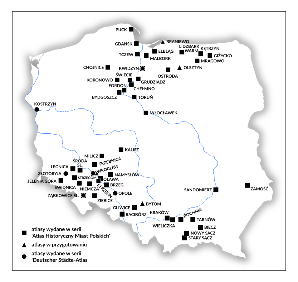 Atlasy historyczne miast polskich: ■ atlasy wydane w serii 'Atlas Historyczny Miast Polskich'; ▲ atlasy w przygotowaniu; ● atlasy wydane w serii 'Deutscher Städte-Atlas'.